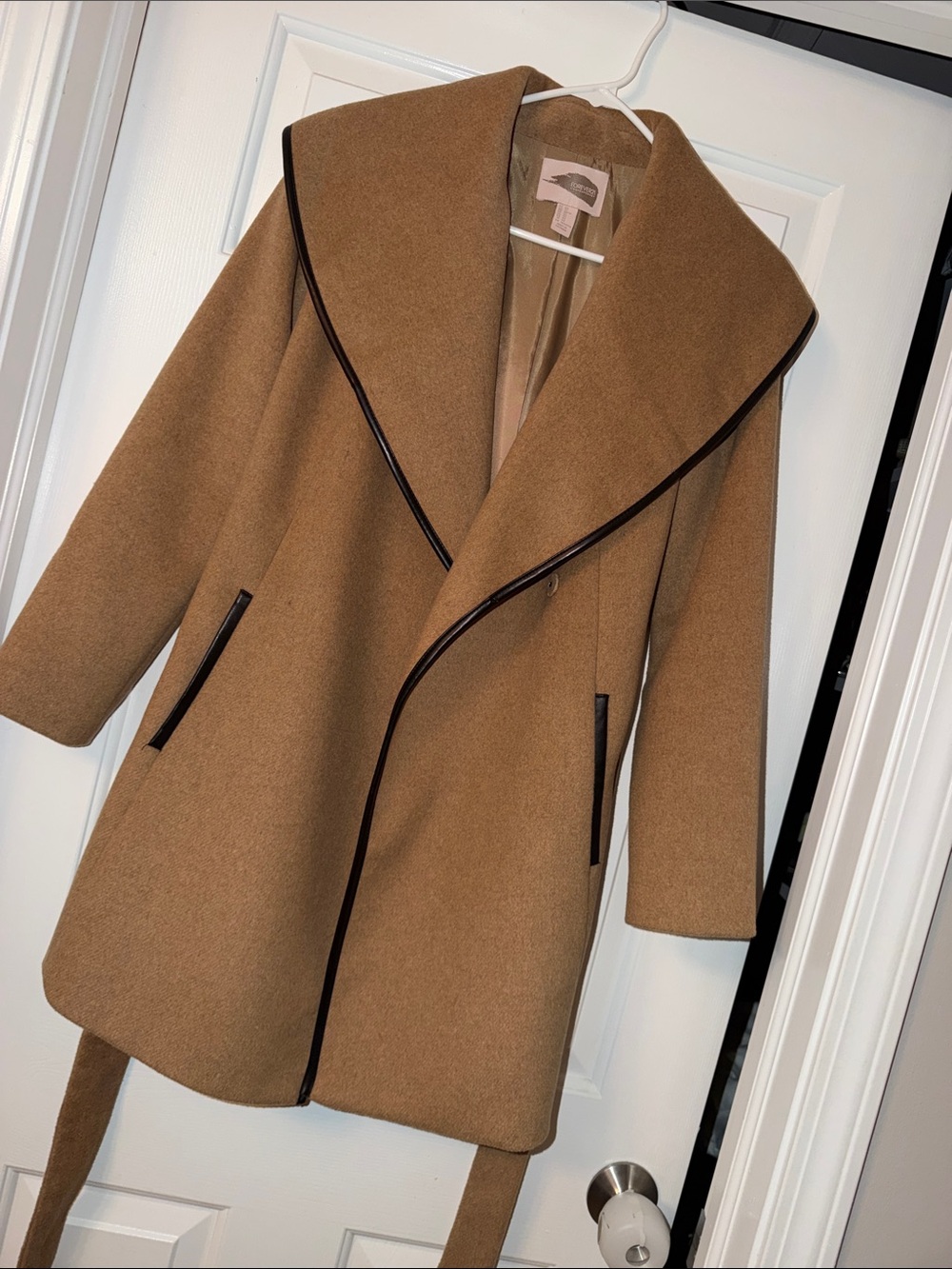 Women's Camel Trench Coat with leather Black Trim
